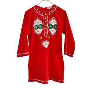 Vintage 1960s Embroidered Tunic Dress Red Cotton Mirror Work Made in India Kurta